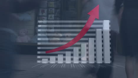 bar chart with upward arrow animation over people walking in urban area