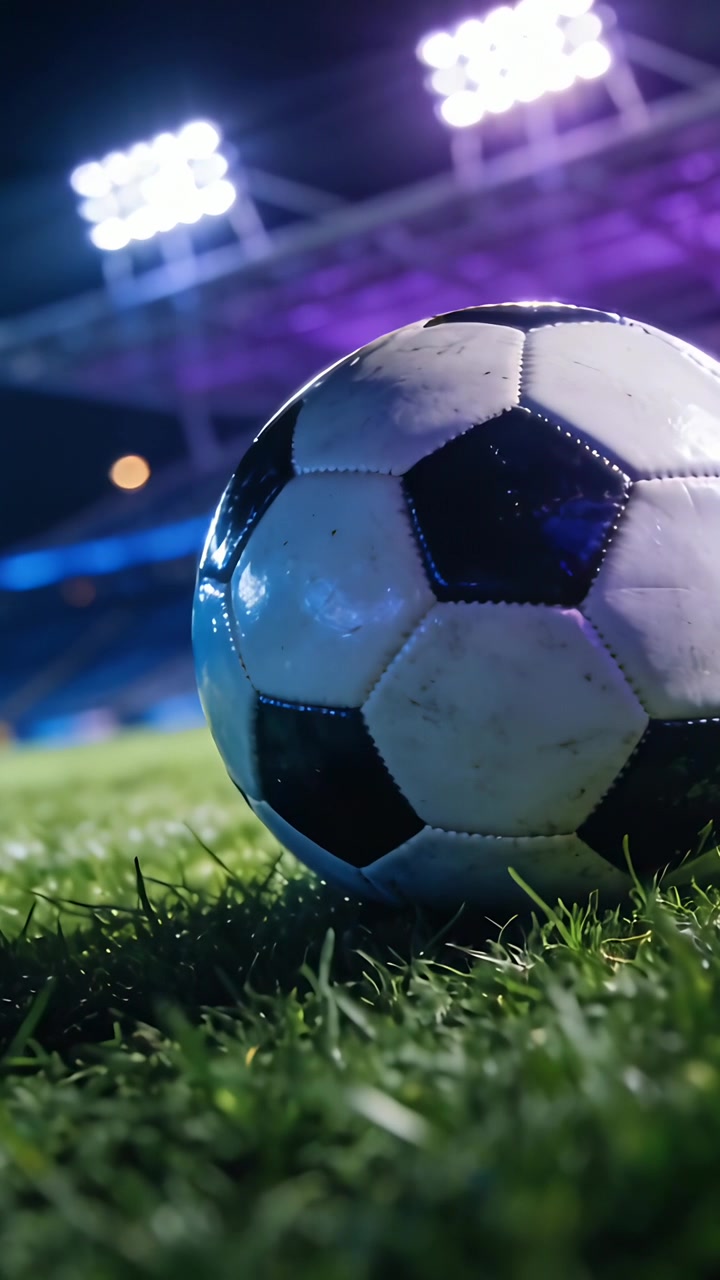 Dikey video: Sahadaki klasik, yıpranmış futbol topunu gösteren ve projektörleri ortaya çıkaran kamera kaydırması.