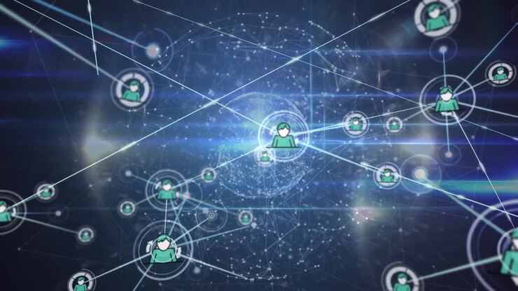 Animation of growing network of people icons transferring data over glowing lights on