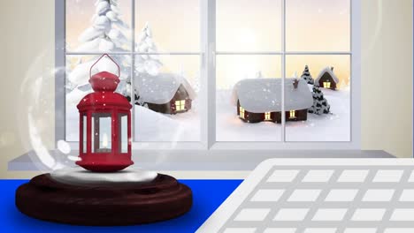 A-christmas-decoration-of-a-lantern-in-a-snow-globe-on-a-black-background-is-shown