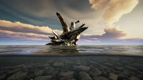 ocean seascape with sky and ocean wave splitted by waterline to underwater part