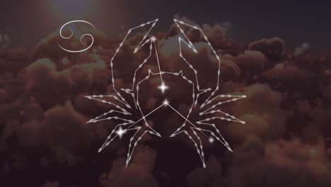 animation des krebssternzeichens über wolken im himmelshintergrund.