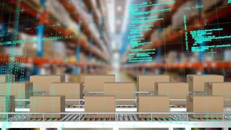 animation of data processing over delivery boxes on conveyer belt against warehouse