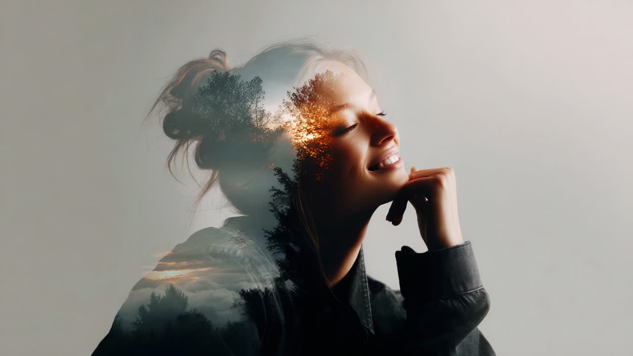 A Serene Transformation: The Art of Double Exposure Capturing Joy in Nature, Merging Emotion with Scenic Beauty, Manifesting Inner Peace and Vibrancy Through Creative Expression