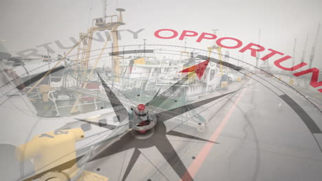 compass with opportunity text animation over fishing boats docked at harbor