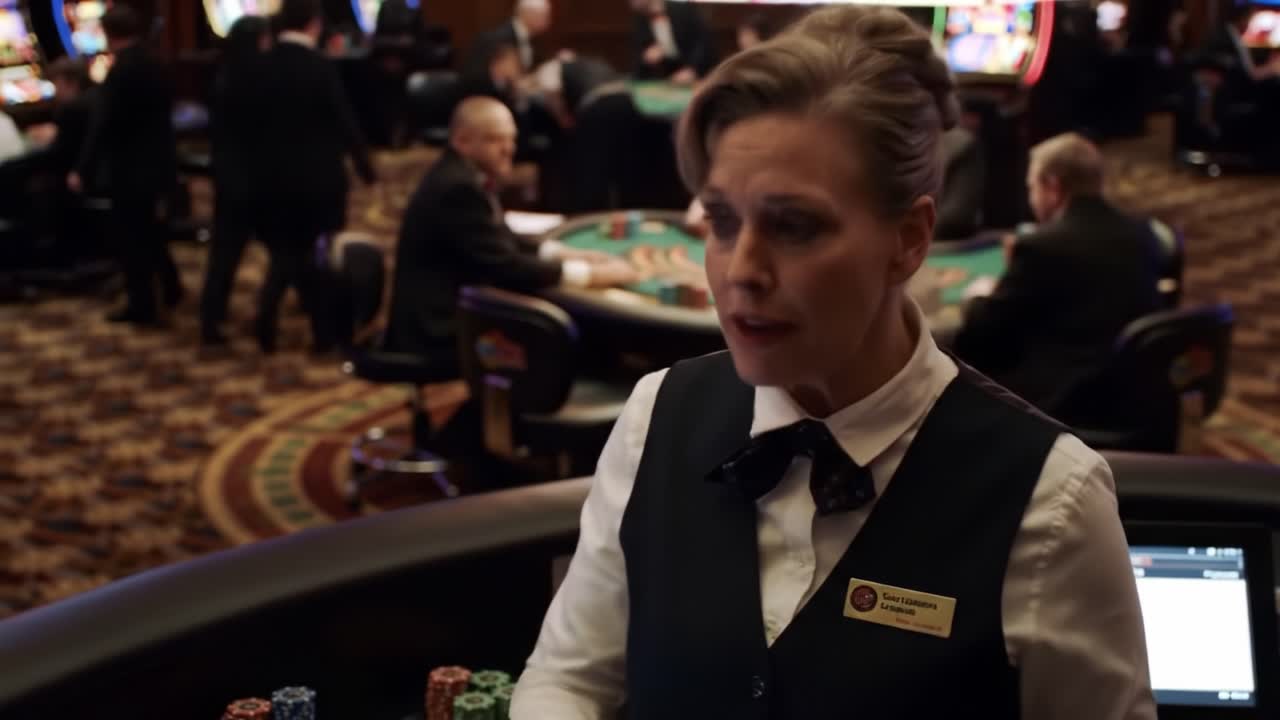 A Focused Casino Attendant Monitors the Excitement in a Bustling Gaming Environment with Enthusiastic Players at the Tables and Slot Machines
