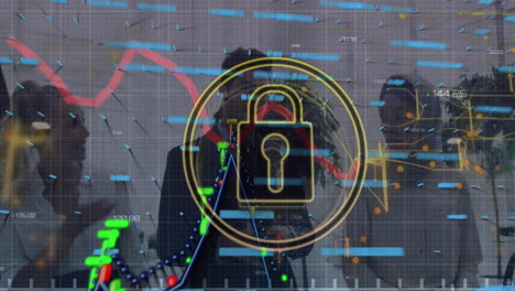 Animation-of-padlock-in-circle,-graphs-over-diverse-coworkers-discussing-while-walking-in-office