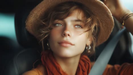 woman driving a car with a hat