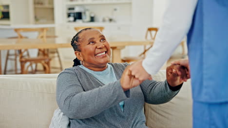 retirement, sofa and elderly woman with caregiver