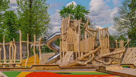 impressive customized wooden playground structures and equipment in a public park