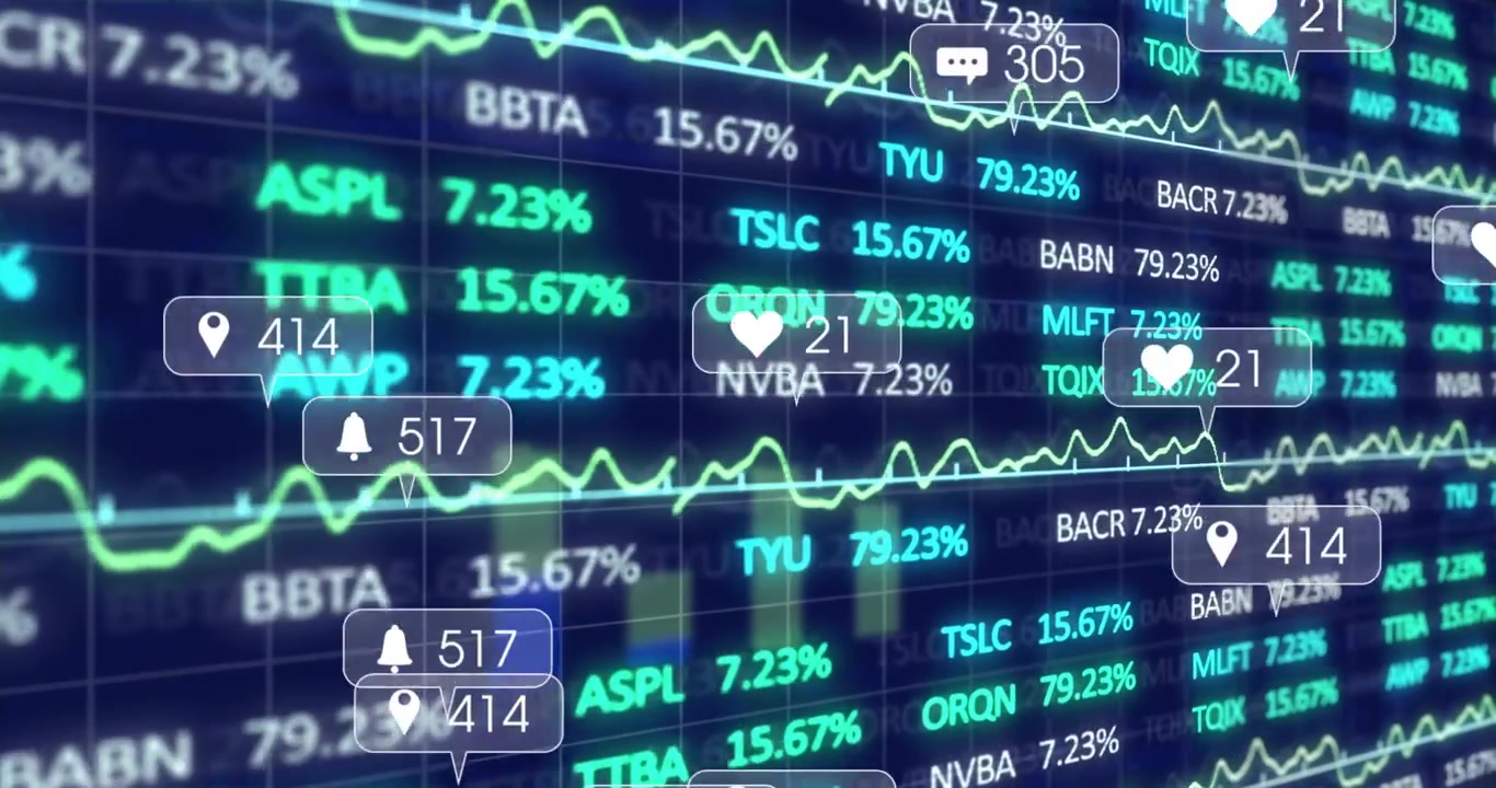 Display di apertura con quotazioni di borsa che iniziano a salire, stabilizzandosi con icone fluttuanti che mostrano l'engagement