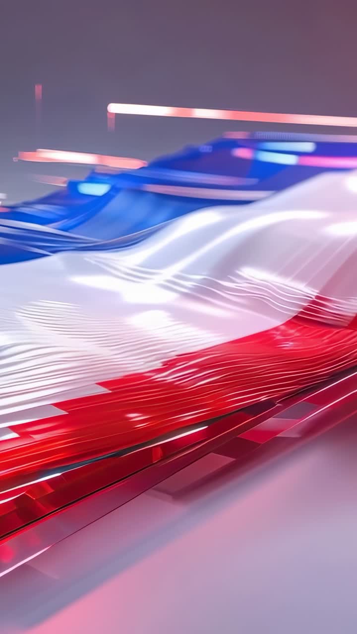 Vertical video: On playback glossy ribbon sheet undulating across studio floor, with neon bars