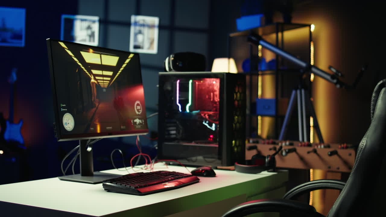 Dolly in shot of FPS videogame on pc display