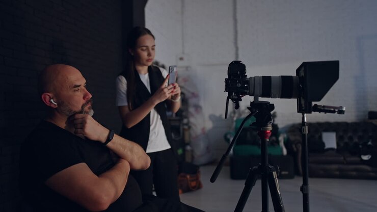 Calm relaxed Caucasian cameraman sits on the chair rubbing his beard. Photographer looks at camera on tripod. Brunette woman stands behind taking video on her phone.