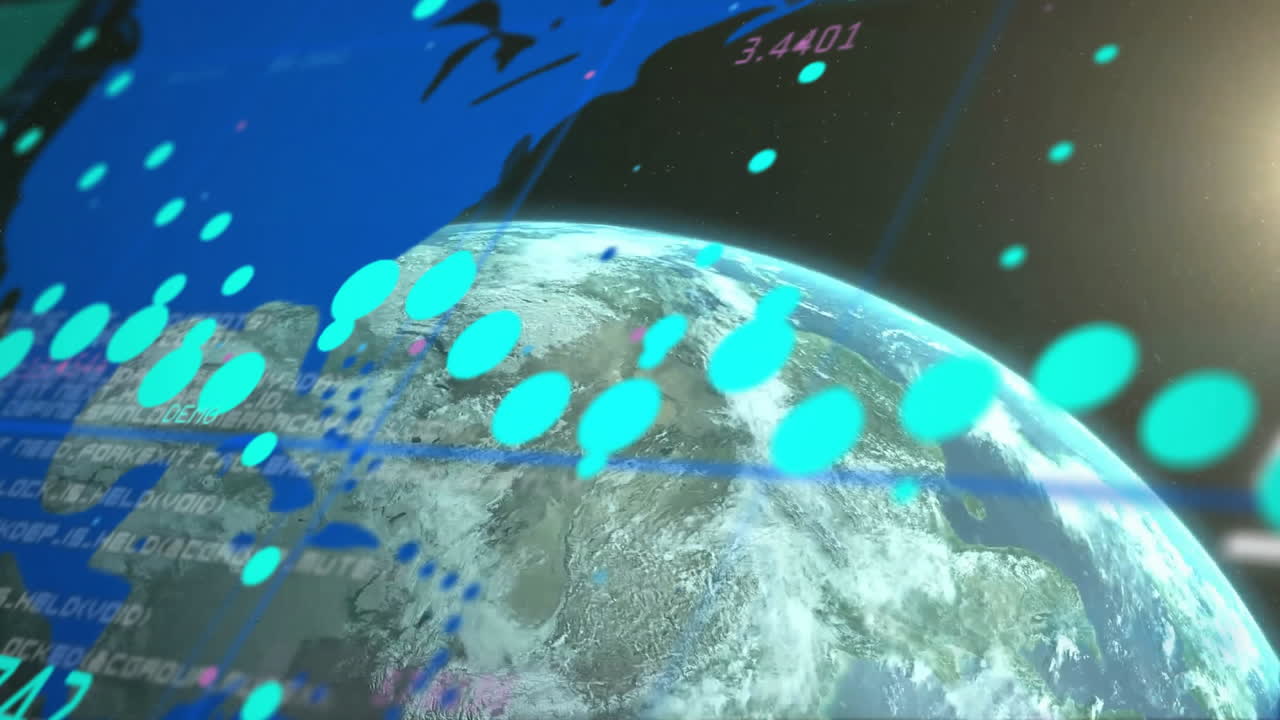 Digital data points and graphics overlaying rotating Earth in space animation