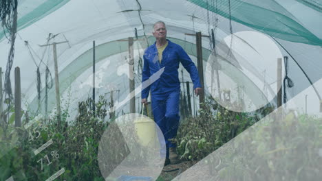 senior farmer walking through farming greenhouse, displaying animated growth charts and plant icons