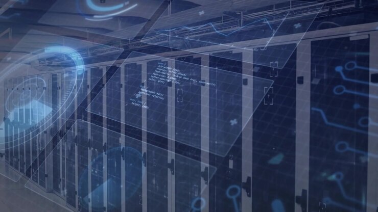 Starting server rack aisle, holographic panels sliding while graphics pulsing for displaying data