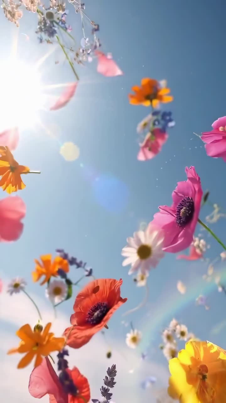 Flores vibrantes capturadas em vídeo de baixo ângulo, flutuando contra um céu azul brilhante.