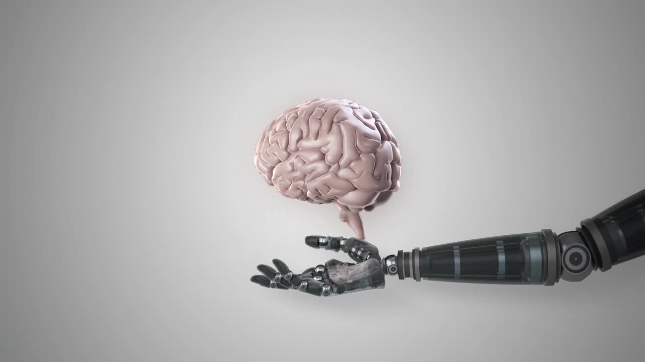 Robotic hand presenting digital human brain against white background