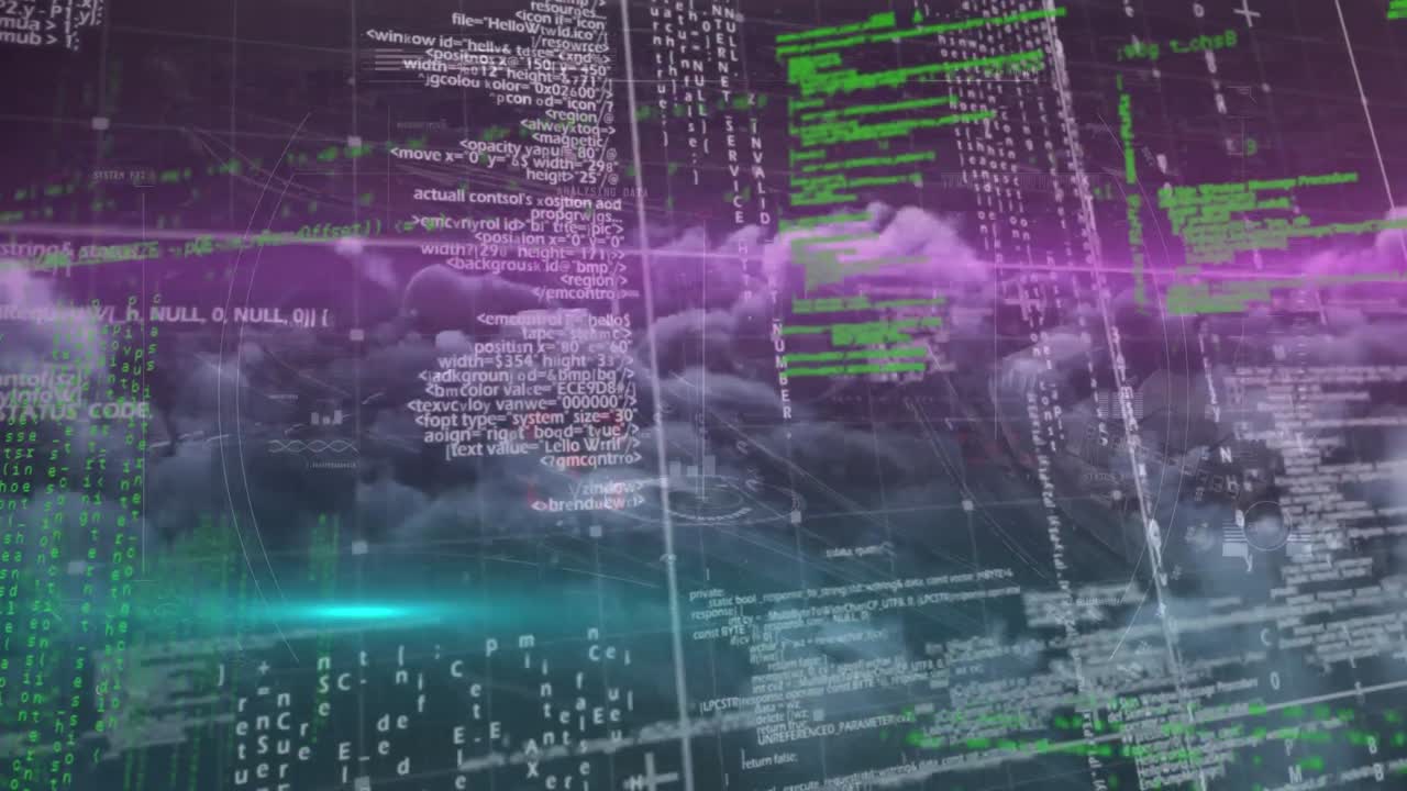 Animation of data processing over clouds on black background