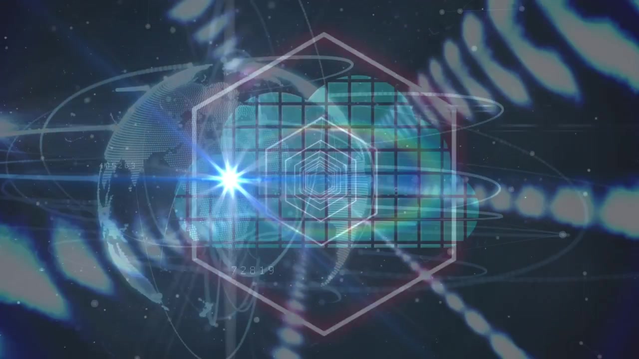 Animatie van neontunnel en lichtsporen over wereldbol