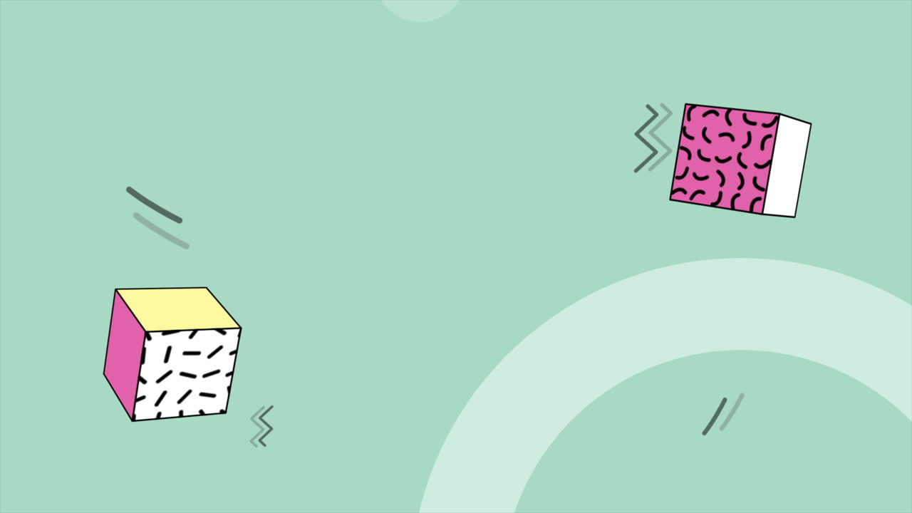 movimiento formas geométricas abstractas zigzag y cubos fondo azul de memphis