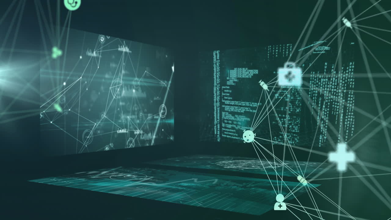 Animation of network of connections and data processing on black background