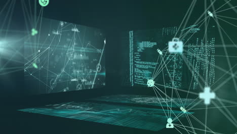 animation of network of connections and data processing on black background