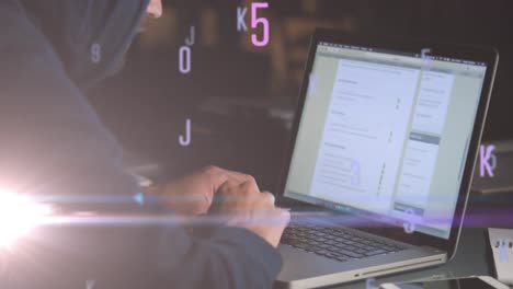 animación de números y letras flotantes sobre hombre caucásico usando computadora portátil