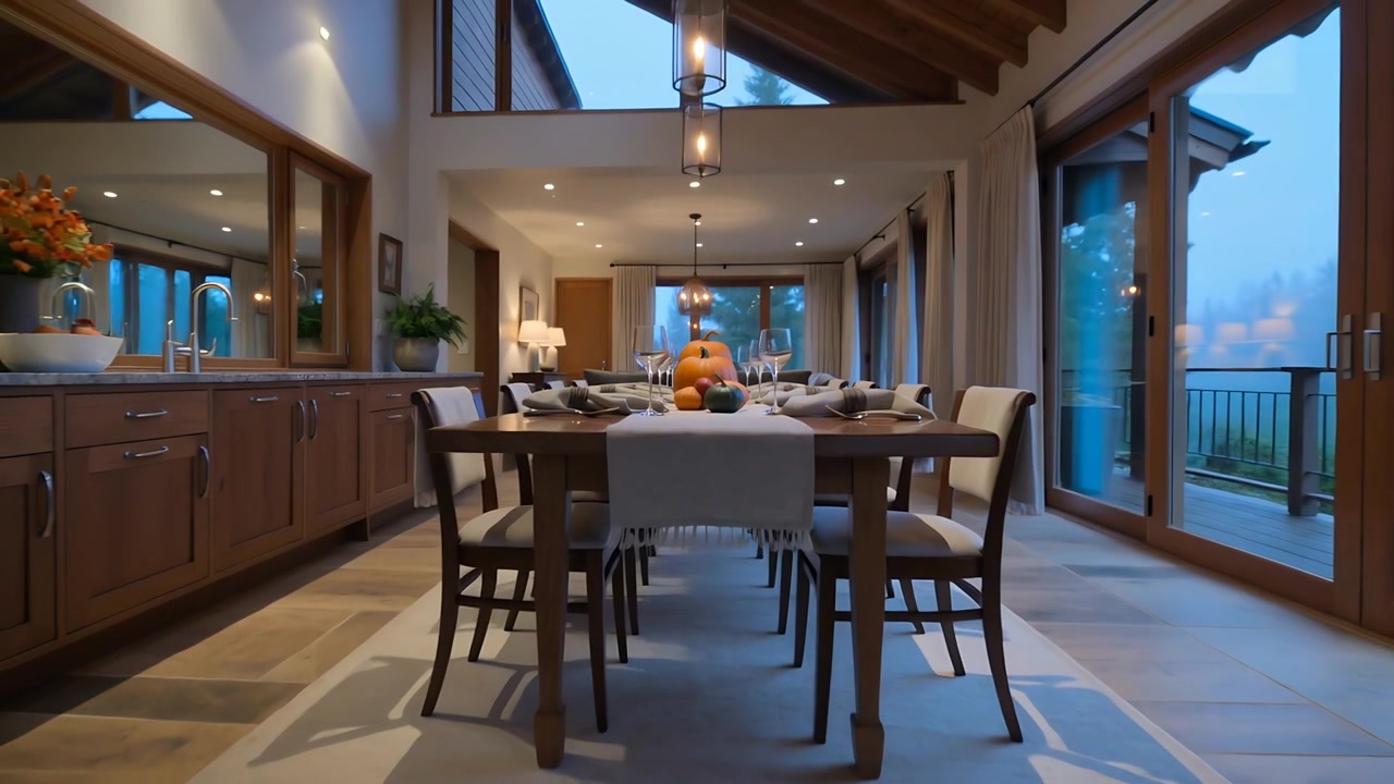 Pulling back low camera revealing dining table at home, to showcase pumpkin and wine glasses
