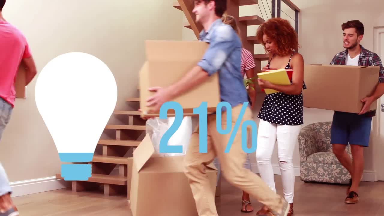 animación del icono de la bombilla llenando azul y aumentando el porcentaje, más de amigos felices llevando cajas