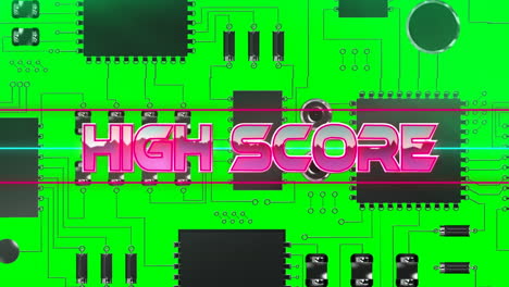 Animation of pink metallic text high score, over neon lines, on green computer motherboard