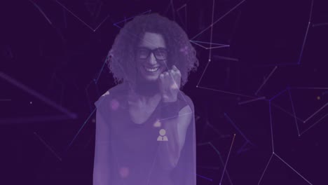 Animation-of-woman-dressed-as-superhero-with-network-of-connections-on-purple-background