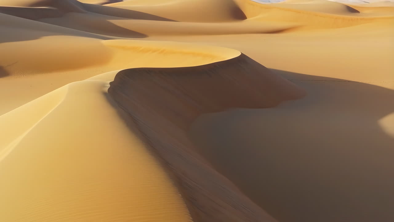 Vista aerea di maestose dune di sabbia dorate in un vasto deserto.