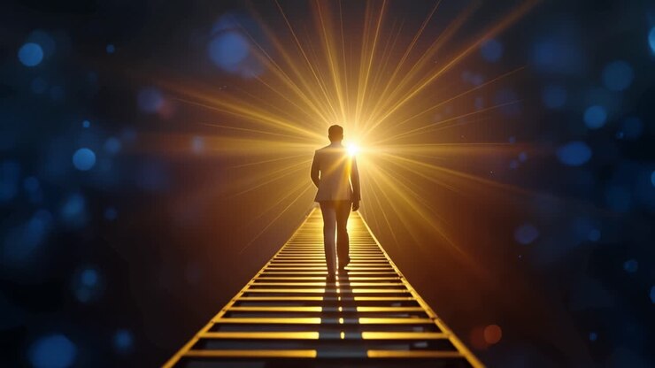 Golden light shines ahead, guiding the way. Lone figure walks upward on a glowing staircase. Blue bokeh glows around, adding depth. Hope and journey feel strong in this scene
