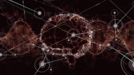 animation of network of connections over spinning human brain icon against black background