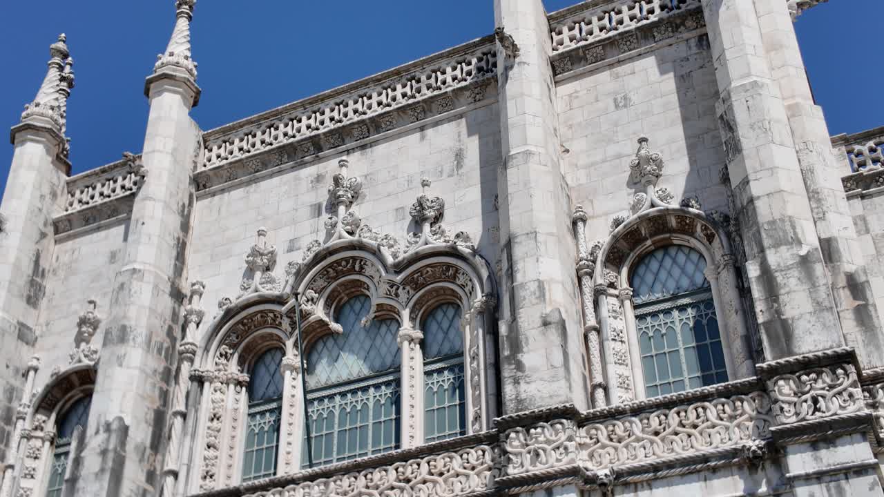 Detailed facade and architectural elements of Jerónimos Monastery in Lisbon, Portugal