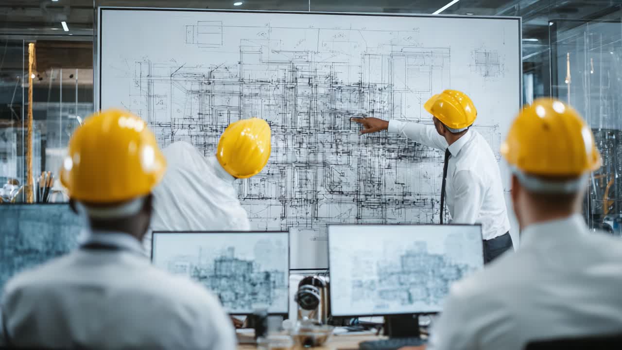 Construction Team Collaborates on Architectural Blueprint, Discussing Key Details and Strategies to Enhance Project Efficiency in Modern Office Setting