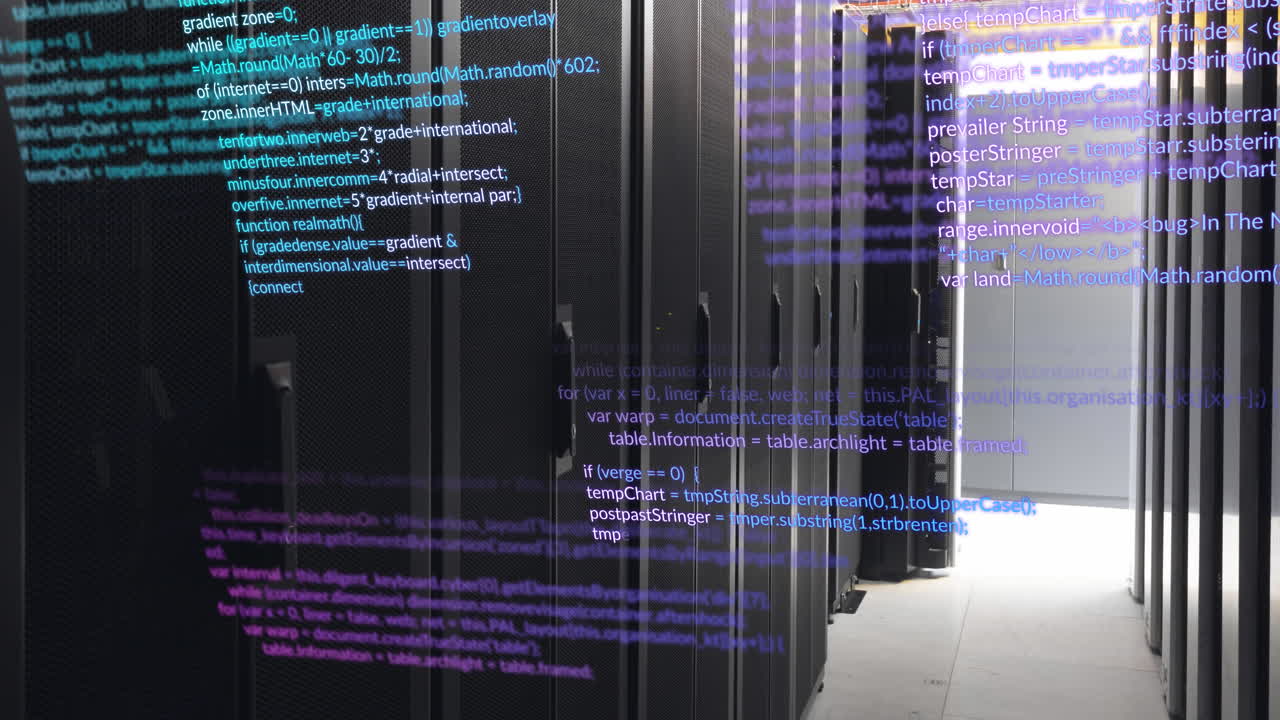 Animation of data processing against empty computer server room