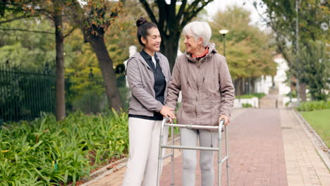 senior woman, walker and nurse outdoor in park