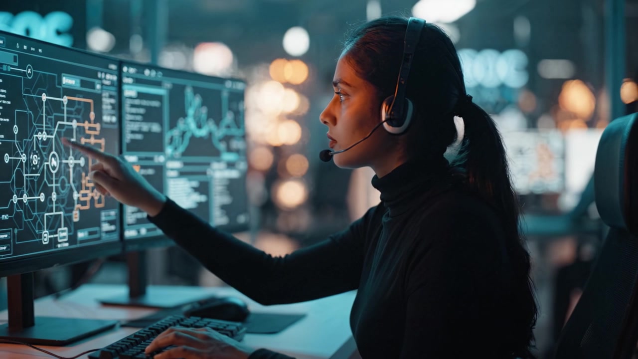 Focused Analyst Monitoring Data Trends in a Tech Environment with Multiple Screens and Headset, Engaged in Critical Decision-Making for Success