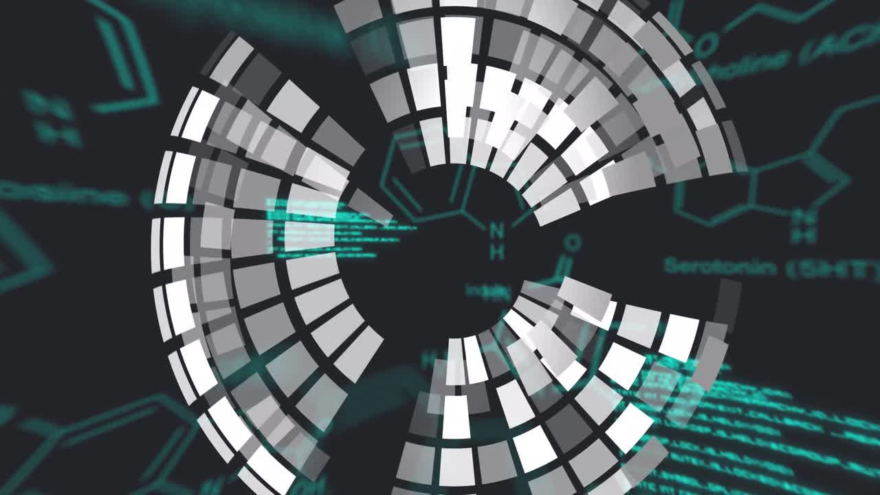 animación del globo sobre fórmulas químicas y procesamiento de datos sobre fondo negro