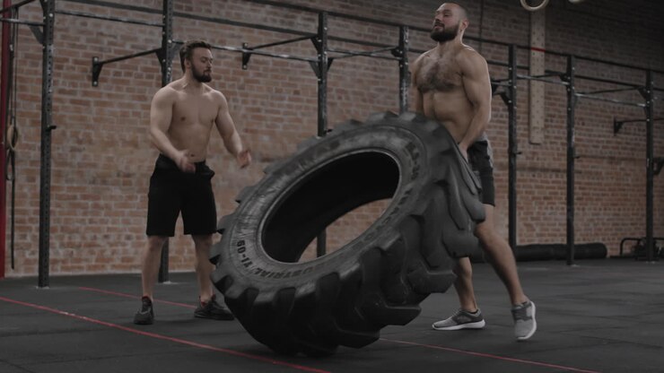 Handsome Sportsman Flipping Tire while Trainer Watching Him