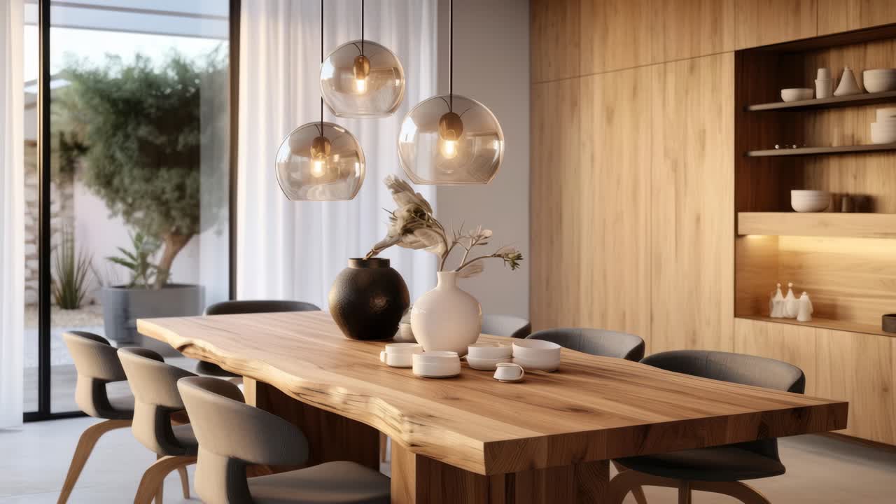 Modern dining room with wooden decor, captured from a low angle