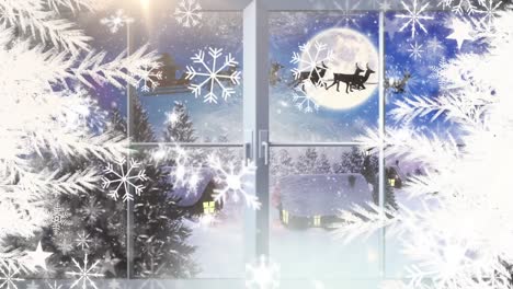 Animation-Des-Weihnachtsmanns-Im-Schlitten,-Gesehen-Durch-Das-Fenster