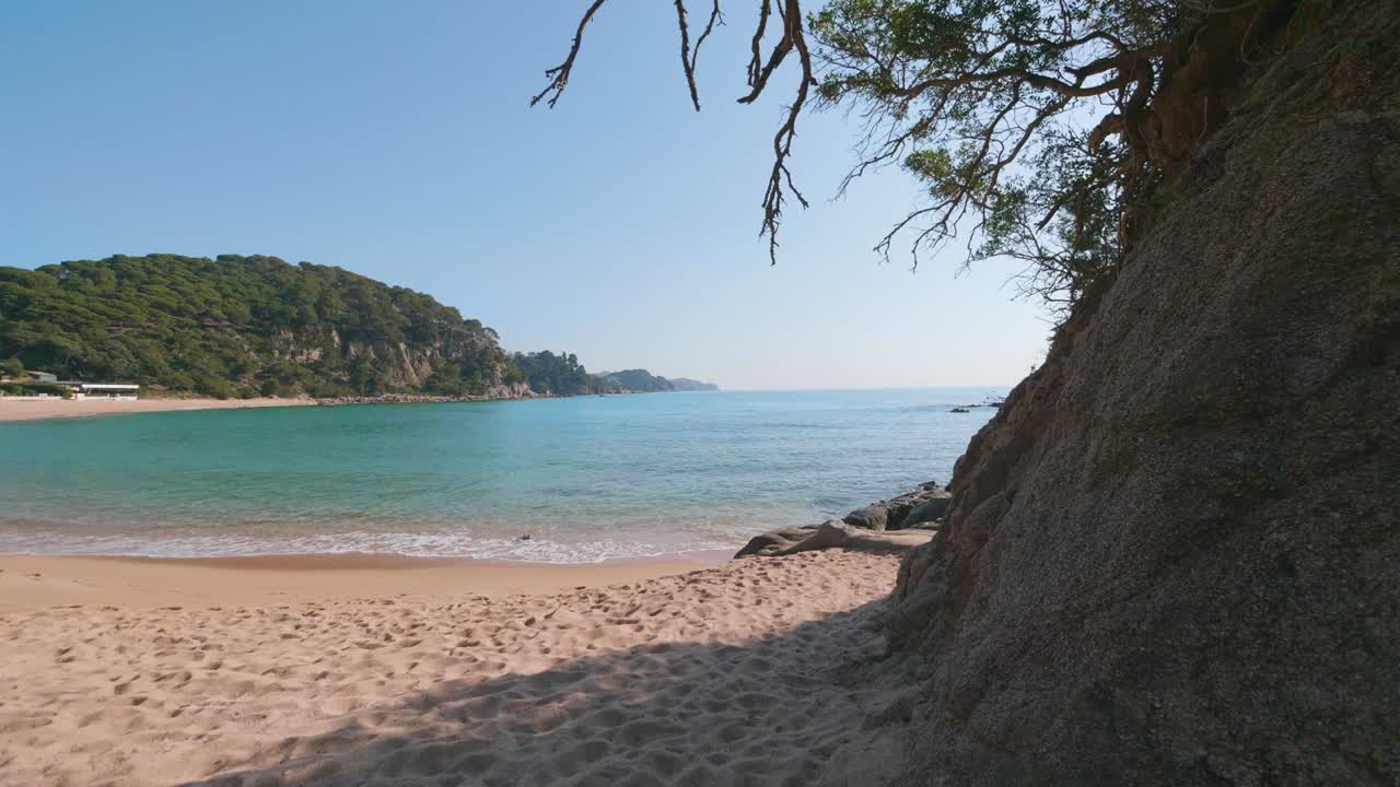 Scena che rivela una splendida spiaggia immersa nella natura e deserta, con movimento della telecamera verso il basso.