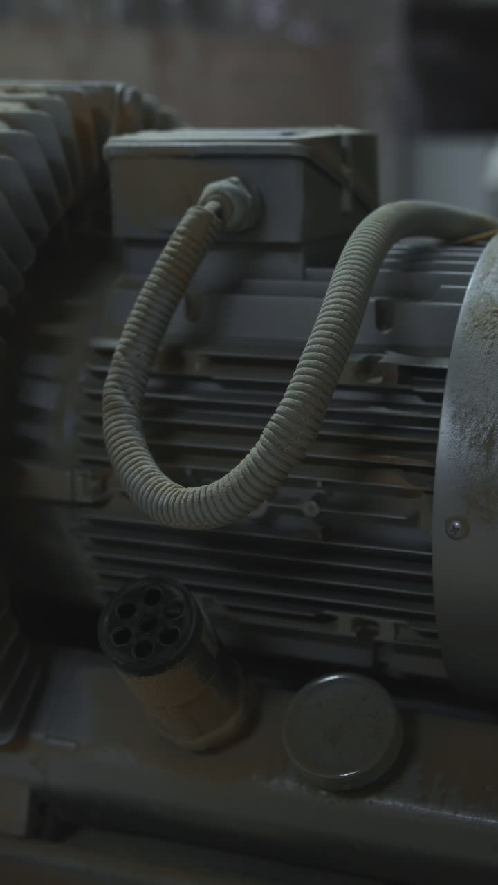 Dusty Industrial Motor And Gear Assembly On Workshop Floor, Coiled Wires, Worn Housing, Maintenance Scene. Media