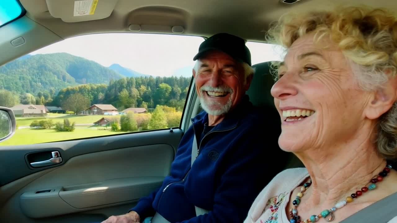 Jovial Senior Couple Laughing and Driving Through Scenic Countryside