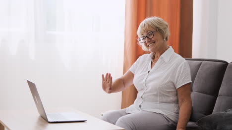 happy senior woman sitting on sofa in living room greeting and talking on video call on modern laptop