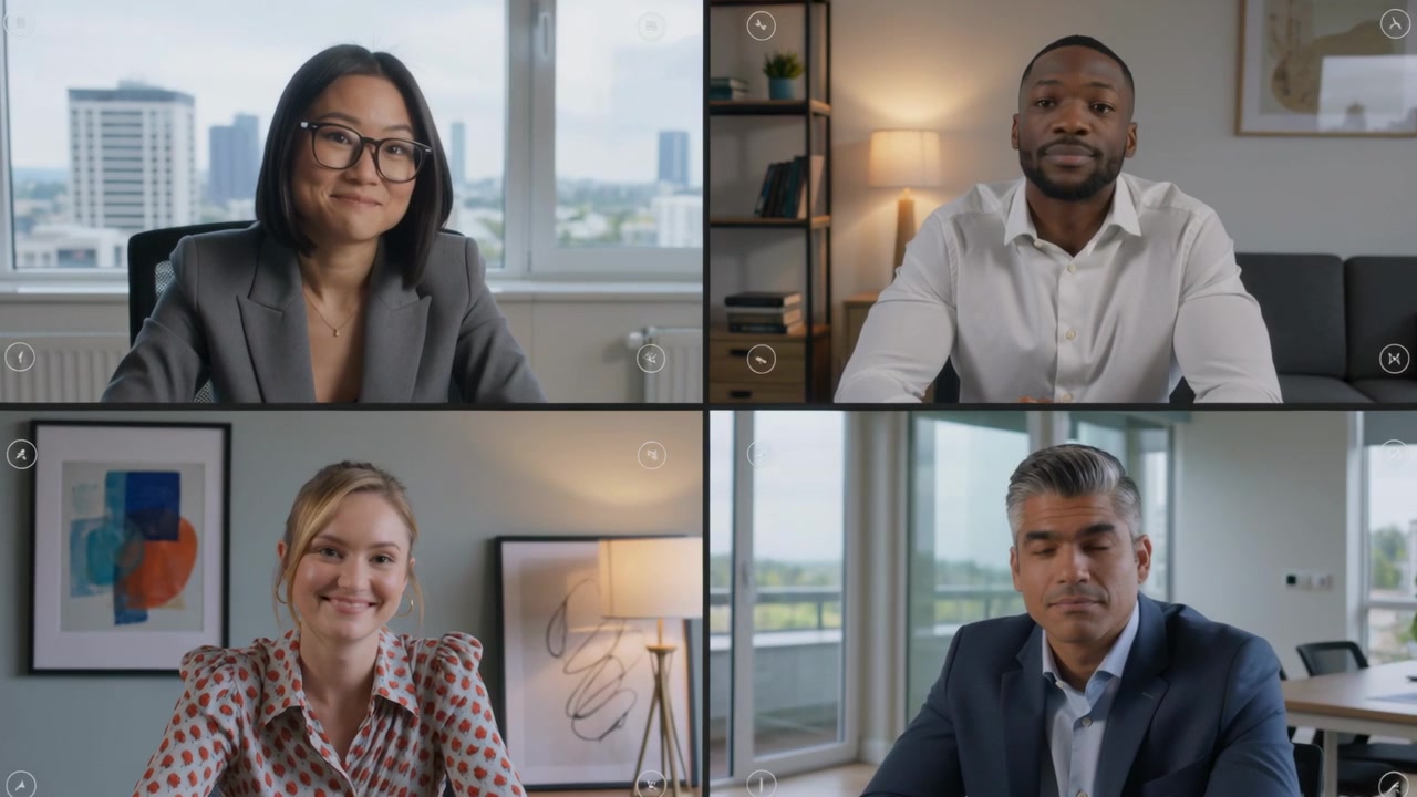 Presenting Asian woman in gray blazer speaking from window in call grid, colleagues nodding